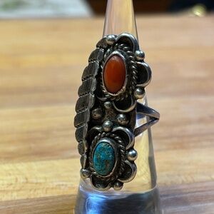 Navajo sterling silver, coral & turquoise ring